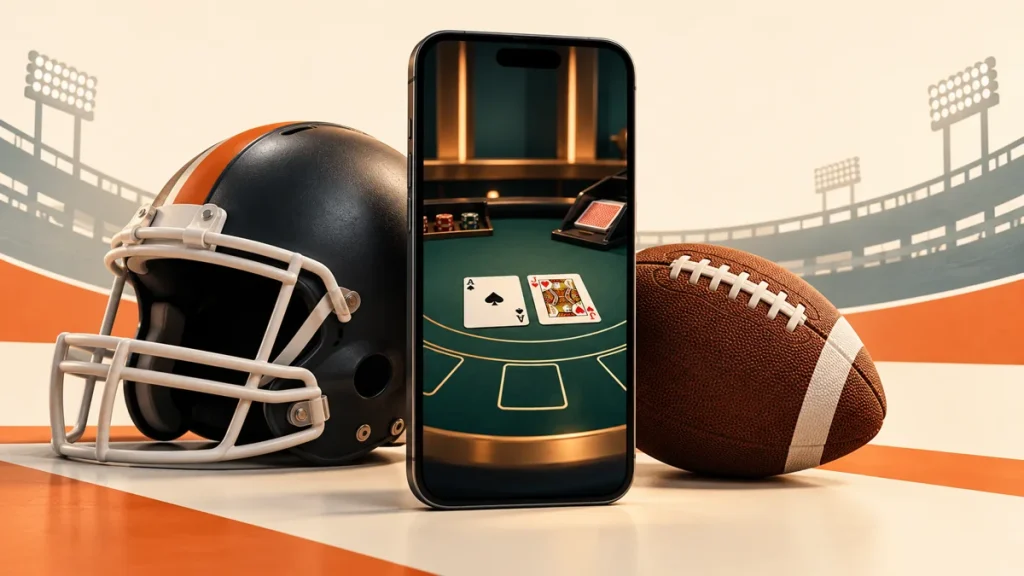Editorial illustration of an unbranded football helmet and ball beside a phone displaying blackjack cards.
