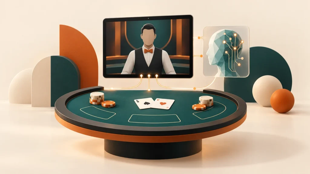 Conceptual illustration of a live blackjack dealer on a screen, a teal table and an abstract AI circuit motif.